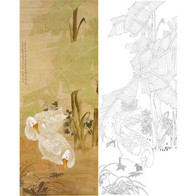 陈之佛竖幅工笔花鸟白描底稿《蕉阴双鹅》-多种白描尺寸可选-QA25