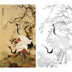 陈之佛竖幅工笔花鸟白描底稿《梅鹤迎春》-多种白描尺寸可选-QA30