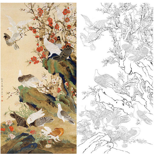 陈之佛竖幅工笔花鸟白描底稿《和平之春》-多种白描尺寸可选-QA20 商品图0