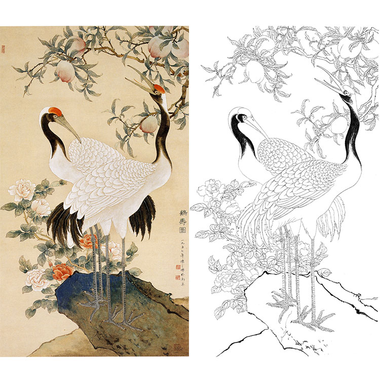 陈之佛竖幅工笔花鸟白描底稿-寿桃仙鹤《鹤寿图》-多种白描尺寸可选-QA22