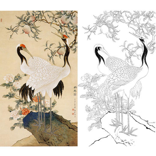 陈之佛竖幅工笔花鸟白描底稿-寿桃仙鹤《鹤寿图》-多种白描尺寸可选-QA22 商品图0
