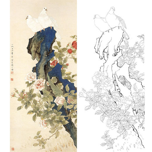 陈之佛竖幅工笔花鸟白描底稿-蔷薇白鸽-QA34 商品图0