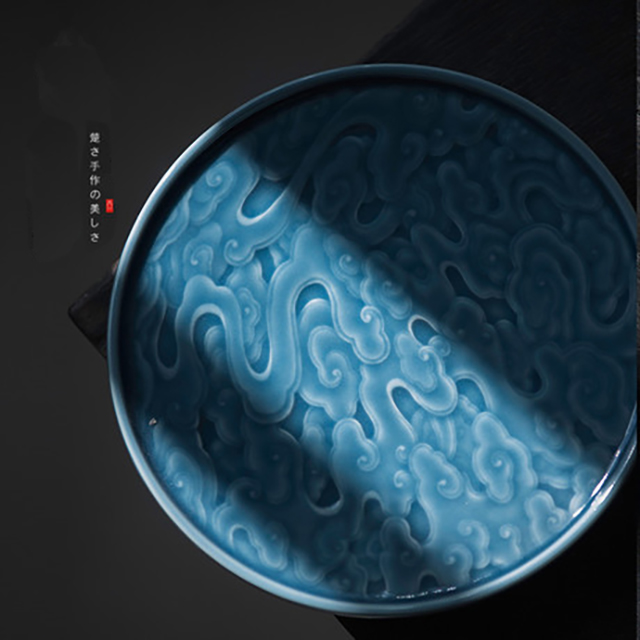 「景德镇祥云、海浪壶承」手工雕刻茶器 圆形方形干泡功夫茶茶具 果盘