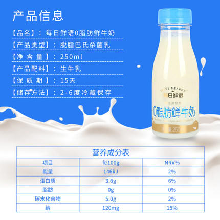 蒙牛每日鲜语0脂肪鲜牛奶250ml 商品图1