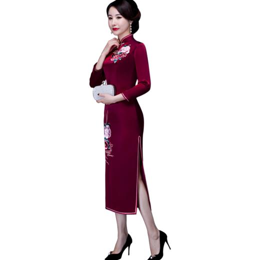 上海旗袍厂LHS-L9101酒红色绣花长款旗袍婚宴婚礼喜宴喜婆婆婚宴服长款长袖冬季 商品图6