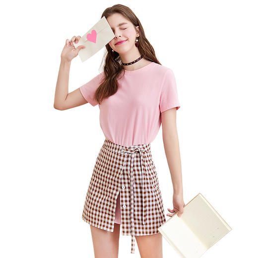 尼班诗2019夏装新款女装格子两件套系带圆领A字连衣裙短裙学生 商品图0