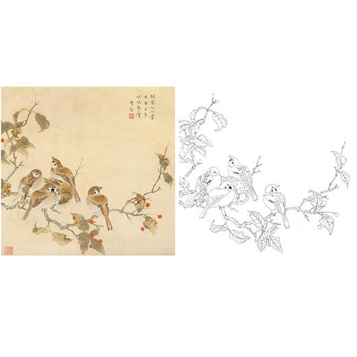 陈之佛工笔花鸟白描底稿-仿宋小雀-斗方小品册页-QA48 商品图0