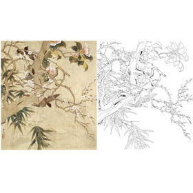 陈之佛工笔花鸟白描底稿《飞鸟迎春》-斗方小品册页-多种白描尺寸可选-QA49