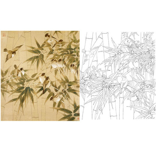 陈之佛工笔花鸟白描底稿《丛竹群雀》-斗方小品册页-多种白描尺寸可选-QA46 商品图0