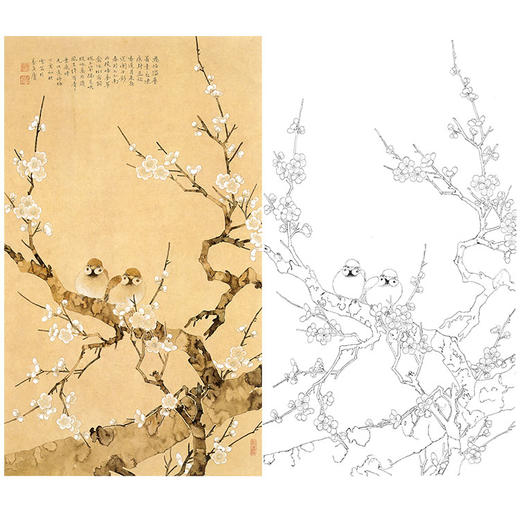 陈之佛竖幅工笔花鸟白描底稿《梅雀图》-多种白描尺寸可选-QA55 商品图0