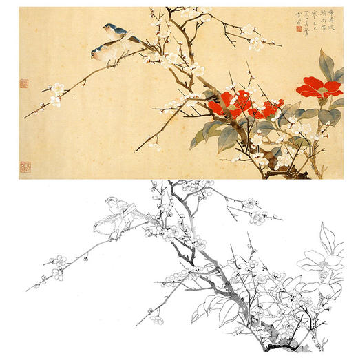 陈之佛横幅工笔花鸟白描底稿《啼鸟寒枝》-多种白描尺寸可选-QA59 商品图0