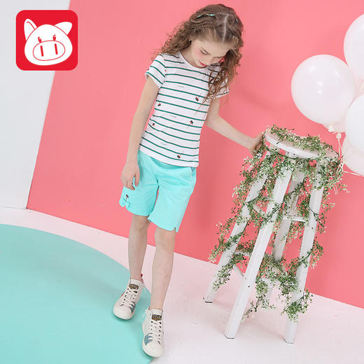 2P210-小猪班纳条纹女童短袖针织衫 商品图2