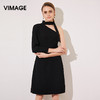 VIMAGE纬漫纪夏季斜肩系领优雅A字裙黑色中长款礼服裙子V977505 商品缩略图0