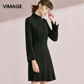 VIMAGE纬漫纪品牌女装新款修身显瘦一粒扣高腰连衣裙V1007632