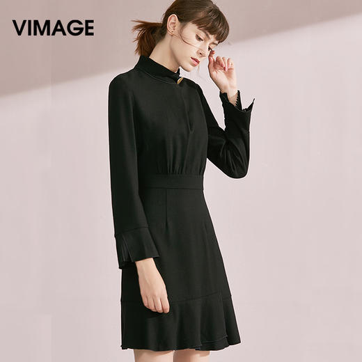 VIMAGE纬漫纪品牌女装新款修身显瘦一粒扣高腰连衣裙V1007632 商品图0