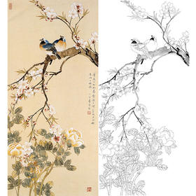 陈之佛竖幅工笔花鸟白描底稿《桃花春禽》-多种白描尺寸可选-QA78