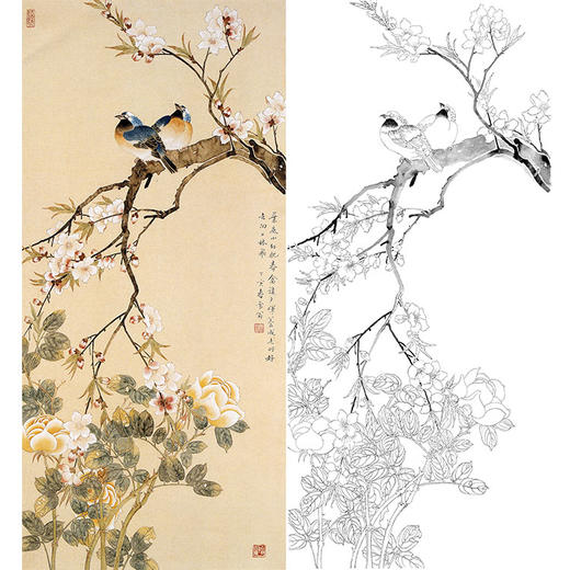 陈之佛竖幅工笔花鸟白描底稿《桃花春禽》-多种白描尺寸可选-QA78 商品图0