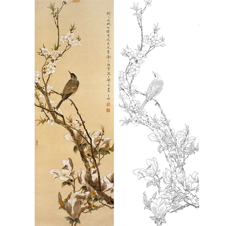 陈之佛竖幅工笔花鸟白描底稿-桃花-QA77