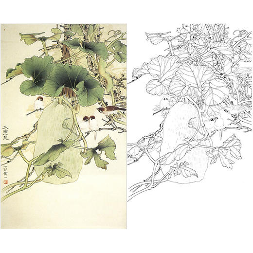 万一竖幅工笔花鸟白描底稿-《瓜阴小憩》-多种白描尺寸可选-WT27 商品图0