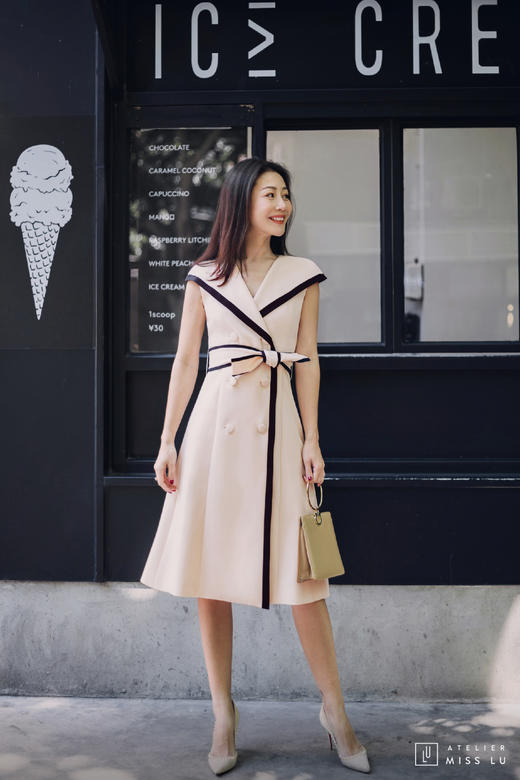 AtelierMissLu / Wallis-奶油杏撞色翻领连身裙 商品图7