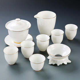 尚置丨描金羊脂白玉瓷茶具套组 （盖碗*1，品茗杯*6，公道杯*1，茶漏*1）礼盒装 三款可选     