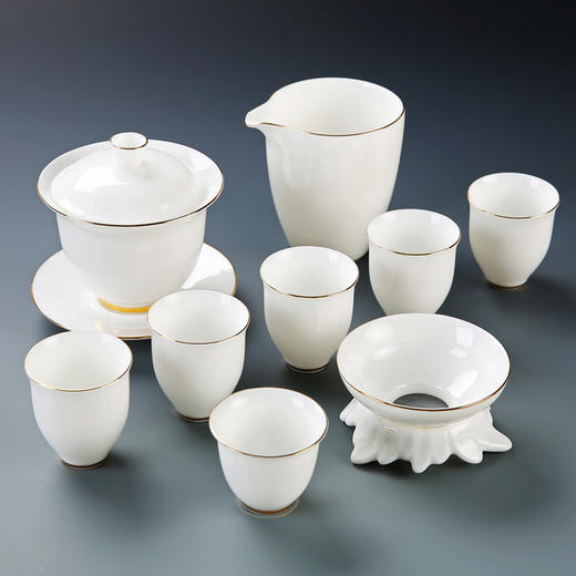 尚置丨描金羊脂白玉瓷茶具套组 （盖碗*1，品茗杯*6，公道杯*1，茶漏*1）礼盒装 三款可选      商品图0