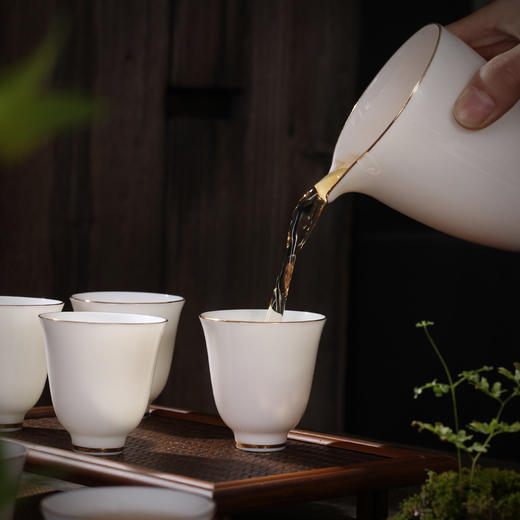 尚置丨描金羊脂白玉瓷茶具套组 （盖碗*1，品茗杯*6，公道杯*1，茶漏*1）礼盒装 三款可选      商品图3