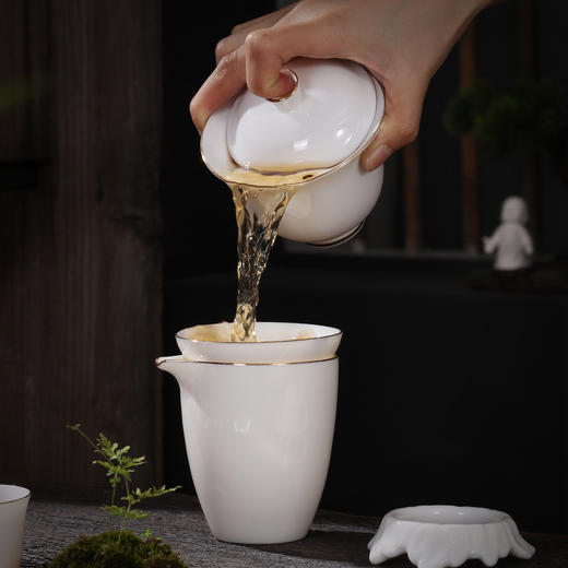 尚置丨描金羊脂白玉瓷茶具套组 （盖碗*1，品茗杯*6，公道杯*1，茶漏*1）礼盒装 三款可选      商品图2