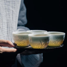 茶杯-品茗杯-陶瓷影青雕刻四君子梅兰竹菊套组共4个