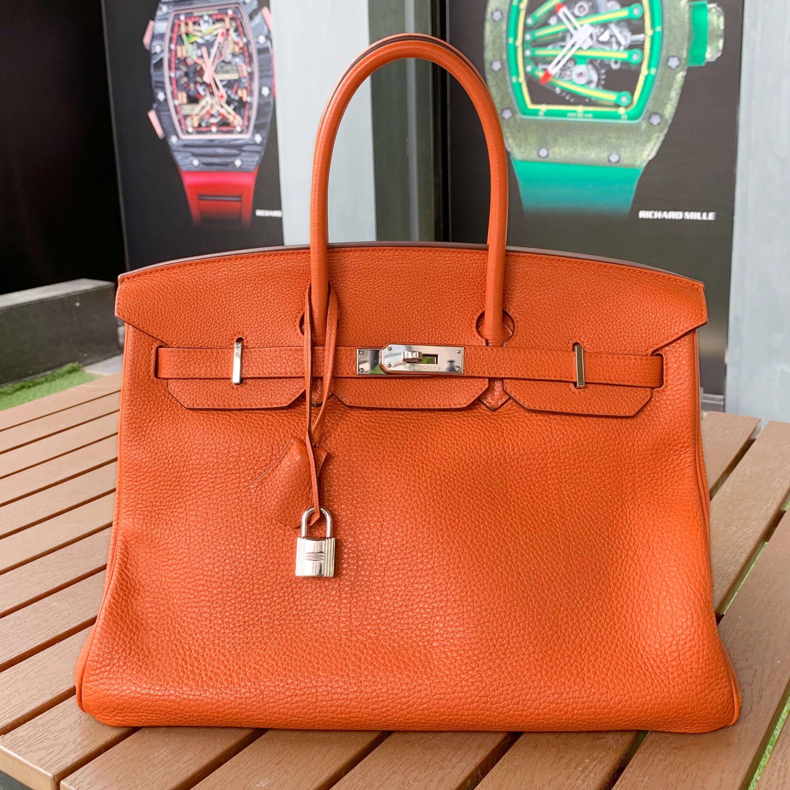 九五新hermes/爱马仕birkin35铂金包 框n刻 togo皮 橘色银扣外缝手提