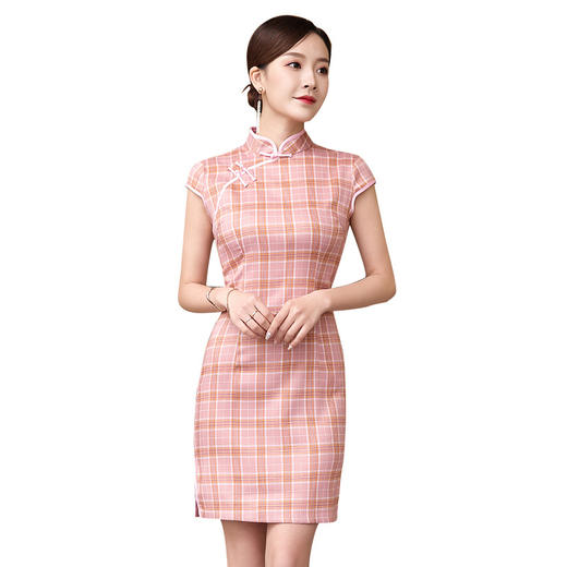 FC-藕粉色格子   粉色格子短款旗袍 夏季改良日常文艺清新少女款旗袍 商品图4