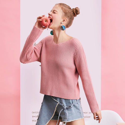 尼班诗2019春装新款女装修身V领套头系带毛衣毛针织衫女上衣珃 商品图0