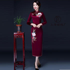 上海旗袍厂LHS-L9101酒红色绣花长款旗袍婚宴婚礼喜宴喜婆婆婚宴服长款长袖冬季