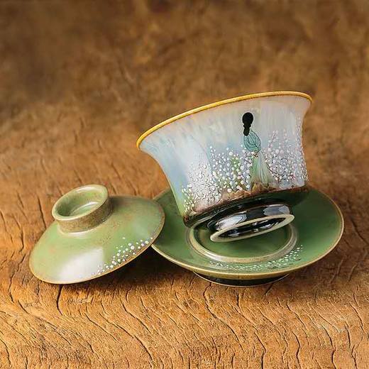 「颜色釉窑变手绘三才盖碗工夫茶杯」景德镇纯手工陶瓷三泡台茶杯 商品图1