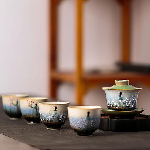 「颜色釉窑变手绘三才盖碗工夫茶杯」景德镇纯手工陶瓷三泡台茶杯 商品图3