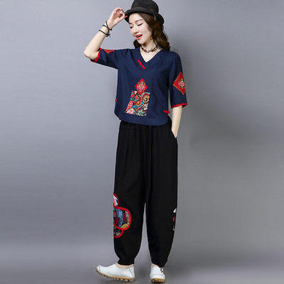 舒适民族风，大码棉麻V领刺绣短袖+哈伦裤套装ZQ-TZ1932 商品图4