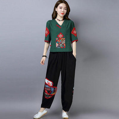 舒适民族风，大码棉麻V领刺绣短袖+哈伦裤套装ZQ-TZ1932 商品图1