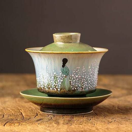 「颜色釉窑变手绘三才盖碗工夫茶杯」景德镇纯手工陶瓷三泡台茶杯 商品图0