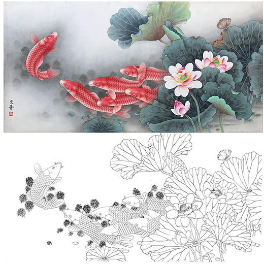 於文普横幅工笔花鸟鲤鱼白描底稿-《满堂红》-多种白描尺寸可选-WP14 商品图0