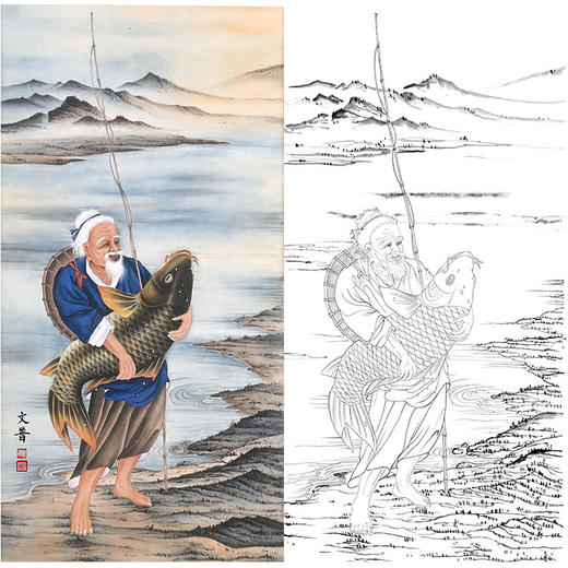 於文普竖幅工笔传统人物白描底稿-《渔翁》-多种白描尺寸可选-WP17 商品图0