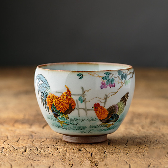 「汝窑手绘大吉大利品茗杯」功夫茶杯开片可养 景德镇纯手工陶瓷主人杯