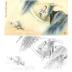胡也佛横幅工笔传统仕女人物白描底稿-HY18