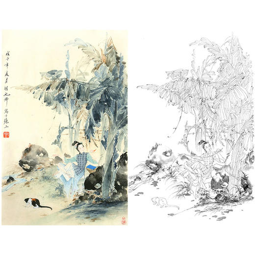 胡也佛竖幅工笔传统仕女人物白描底稿-蕉荫仕女-HY13 商品图0