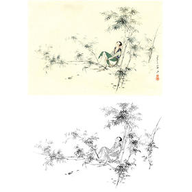 胡也佛横幅工笔传统仕女人物白描底稿《翠竹娇影》-多种白描尺寸可选-HY19