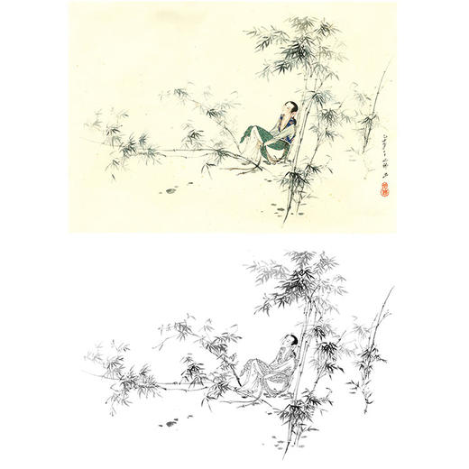 胡也佛横幅工笔传统仕女人物白描底稿《翠竹娇影》-多种白描尺寸可选-HY19 商品图0