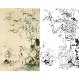 胡也佛竖幅工笔仕女白描底稿-《夏凉图》-多种白描尺寸可选-HY05