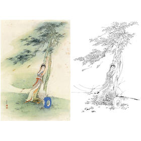 胡也佛竖幅工笔传统仕女人物白描底稿《庭院秋思》-多种白描尺寸可选-HY02