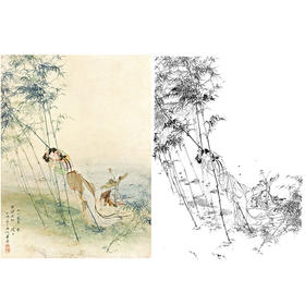 胡也佛工笔传统仕女人物白描底稿《幽篁春深》-斗方小品册页-多种白描尺寸可选-HY01