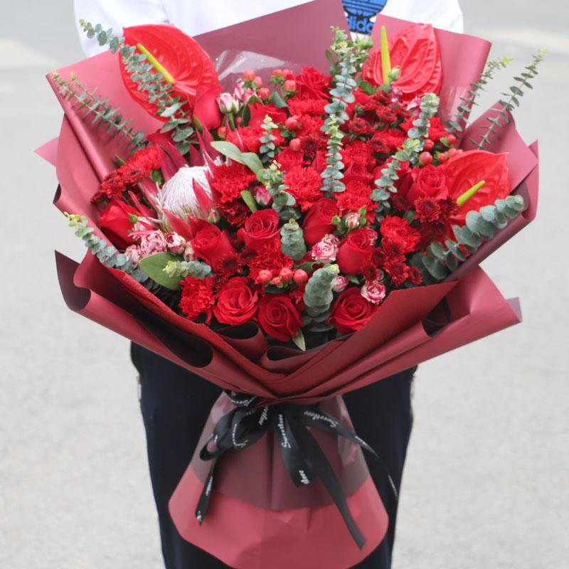 红掌红玫瑰混搭高端花束大气送长辈领导朋友客户生日祝福福寿延绵