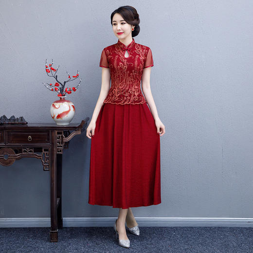 WXG-1950新款中式复古长款南韩丝礼服旗袍连衣裙 商品图0